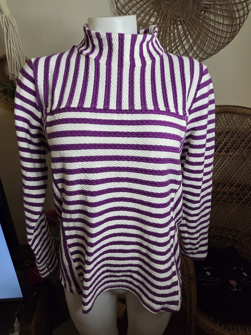 Talbots Purple and White Striped Mock Neck Top